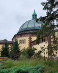 Full shot of the exterior to the Wildlife Interpretive Gallery at the Detroit Zoo in Royal Oak, Michigan. Two visitors marvel at the building which is partially shrouded by a wispy pine tree. The prominent glass dome at the apex of the building displays a beautiful patina. You can see the colorful Pewabic tile details inlaid in brick around the perimeter of the building.