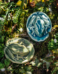 The Frog Paperweight has an oval bottom in the shape of a small lily pad. The high-relief tree frog sits on top- this paperweight is detailed and thick.