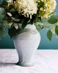 This Classic Vase features the glossy pale blue-gray Frost glaze. A close-up of the Frost glaze shows crazing on its surface- this gives the appearance of tiny cracks on the glaze's surface.