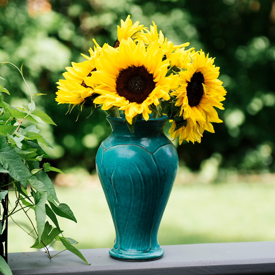 This Classic Vase features the matte turquoise Pewabic Blue glaze.