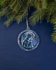 This ceramic Blessed Virgin Mary Ornament is glazed our rich, glossy, deep-blue Ocean glaze with a delicate ribbon string in shimmering taupe.