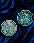 These ceramic Blessed Virgin Mary Tiles are glazed in a pale blue, glossy Glacier glaze.