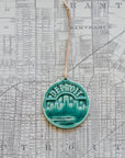 This Detroit Ornament features the matte blueish-green Pewabic Green glaze.