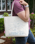 This cream tote bag's design is in a bright blue color.