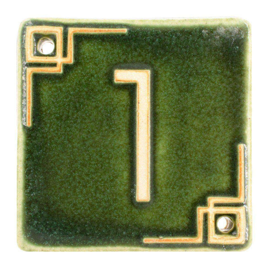 The Craftsman style ceramic 1 address number is in the matte green Leaf glaze option.