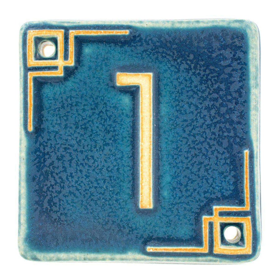 The Craftsman style ceramic 1 address number is in the matte blue Peacock glaze option.