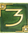 The Craftsman style ceramic 3 address number is in the matte green Leaf glaze option.