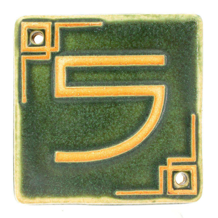 The Craftsman style ceramic 5 address number is in the matte green Leaf glaze option.
