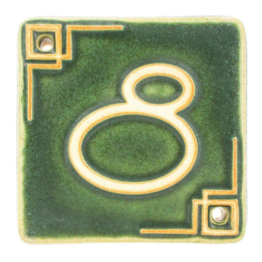 The Craftsman style ceramic 8 address number is in the matte green Leaf glaze option.