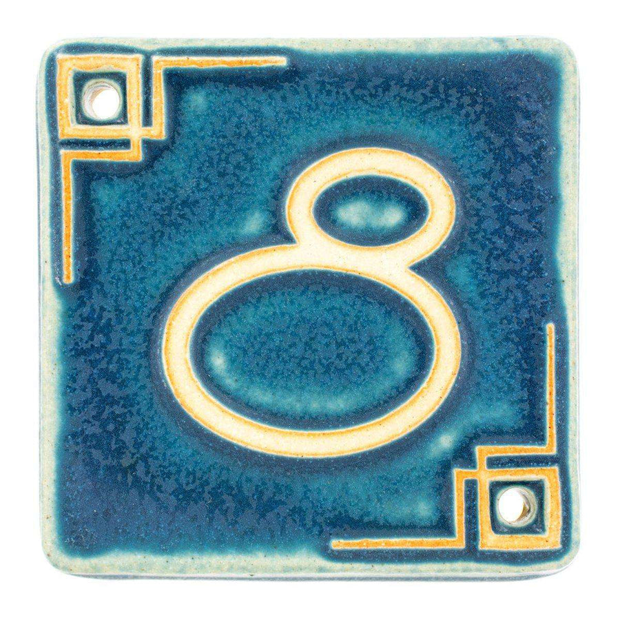 The Craftsman style ceramic 8 address number is in the matte blue Peacock glaze option.