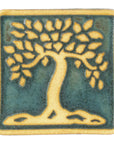 This ceramic viridian/scrape Botanical Tree tile features a plain clay tree and border on a crystalline deep green background.