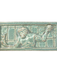 This tile features the mottled pale green Patina glaze. It has a similar look to the weathered green finish of copper.
