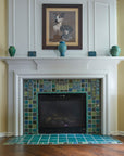 Blended blue and green fireplace and hearth.