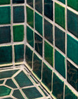 The blue, green, and "Aurora" iridescent 4x4 field tiles and custom trim. A few of the hexagonal and "half-hex" tiles are visible in the frame.