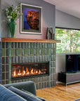 Angled view of a custom Pewabic fireplace incorporating Midcentury Modern design elements with an Aurora Iridescent Saarinen-inspired tile border.