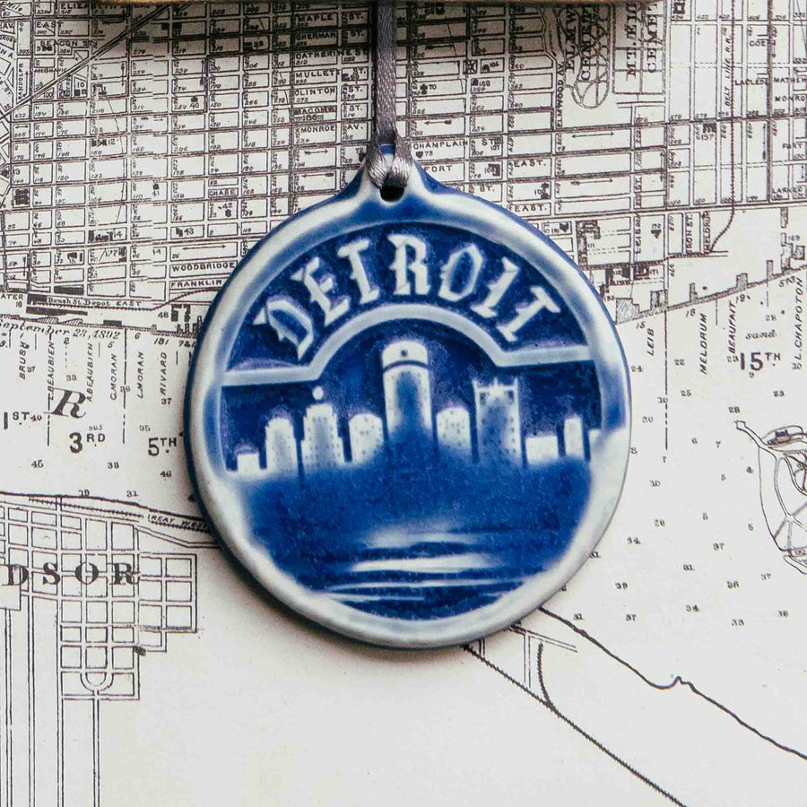 This Detroit Ornament features the matte powder blue Steel glaze.