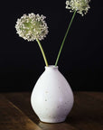 A vase holds white alien looking flowers, its Birch glaze features lots of brown speckling.