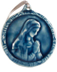 This ceramic Blessed Virgin Mary Ornament is glazed in a glossy deep blue Ocean glaze.
