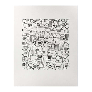 The On The Rocks Letterpress Print has a creamy white background with black line drawings of many different shapes and sizes of cups and mugs.