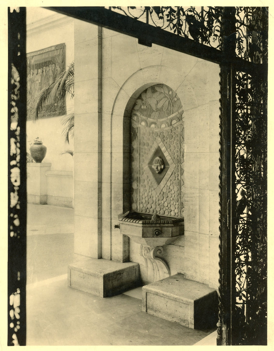 Historic sepia photo of a Pewabic fountain found at the Detroit Institute of Arts in Detroit