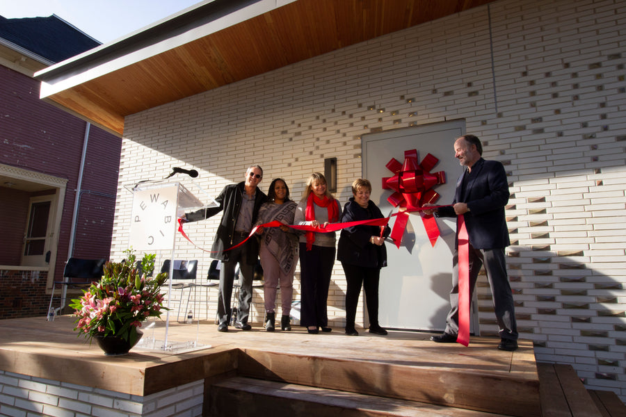 Maxine and Stuart Frankel Pewabic Tile Studio Ribbon Cutting moment.