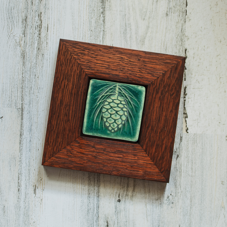 Framed Pinecone Tile | 3x3 Pewabic Green