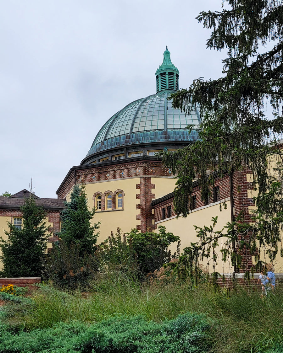 Full shot of the exterior to the Wildlife Interpretive Gallery at the Detroit Zoo in Royal Oak, Michigan. Two visitors marvel at the building which is partially shrouded by a wispy pine tree. The prominent glass dome at the apex of the building displays a beautiful patina. You can see the colorful Pewabic tile details inlaid in brick around the perimeter of the building.