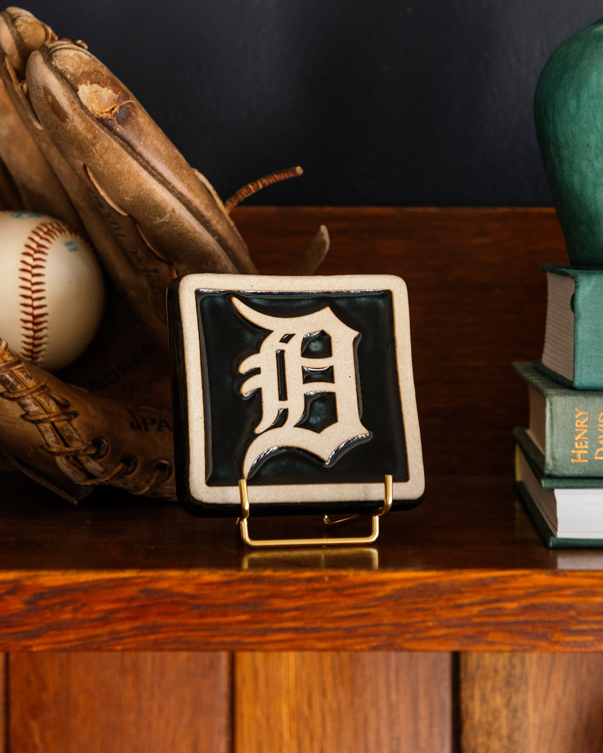 Old English "D" Tile on a handcrafted Stickley cabinet. 