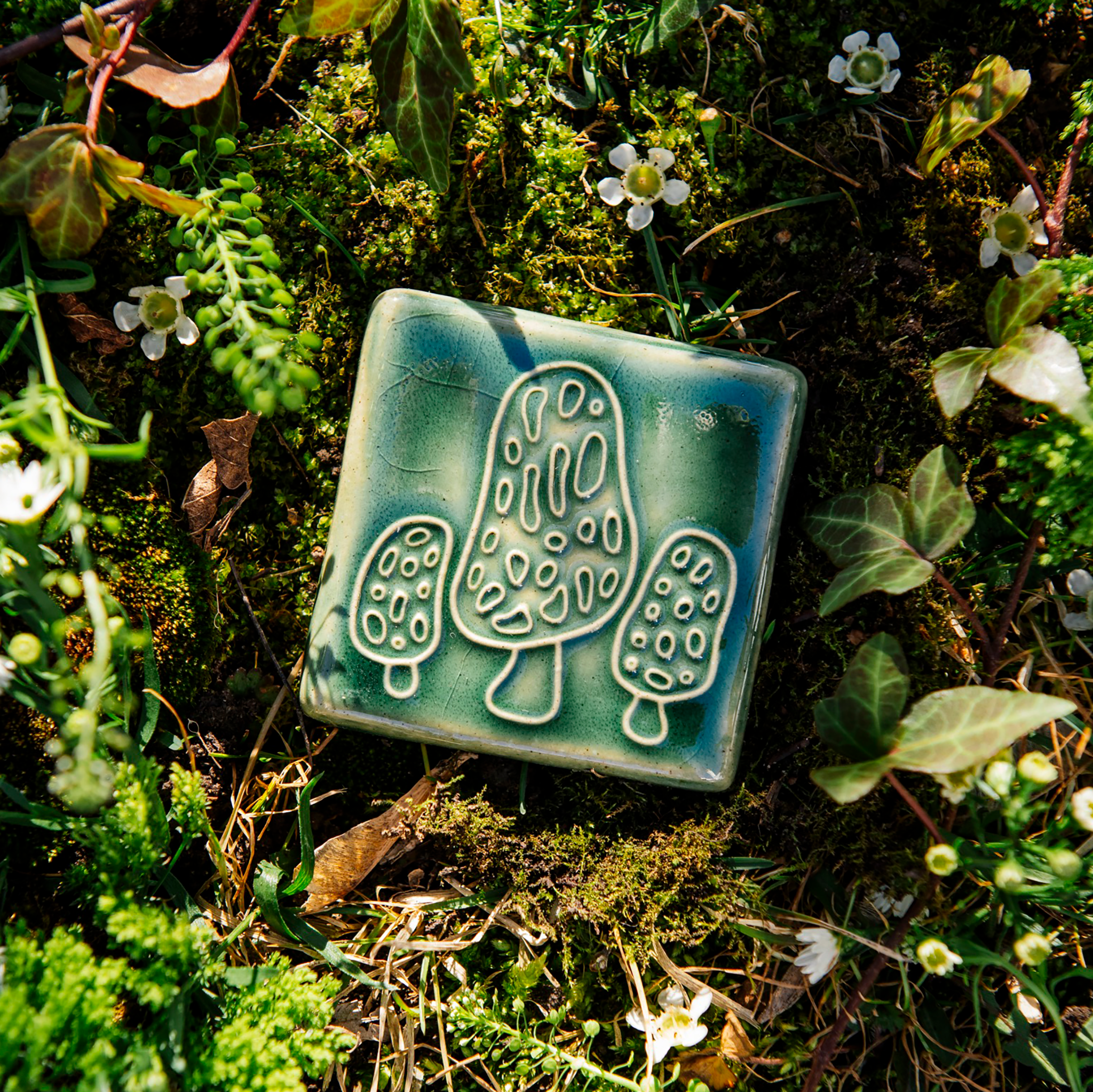 The Morel Tile features three morels - a large one in the center with two smaller mushrroms on either side. The mushrooms have an elongated vertical cap with irregular, sponge-like holes across its surface. The short stems peek out from under the tall cap.