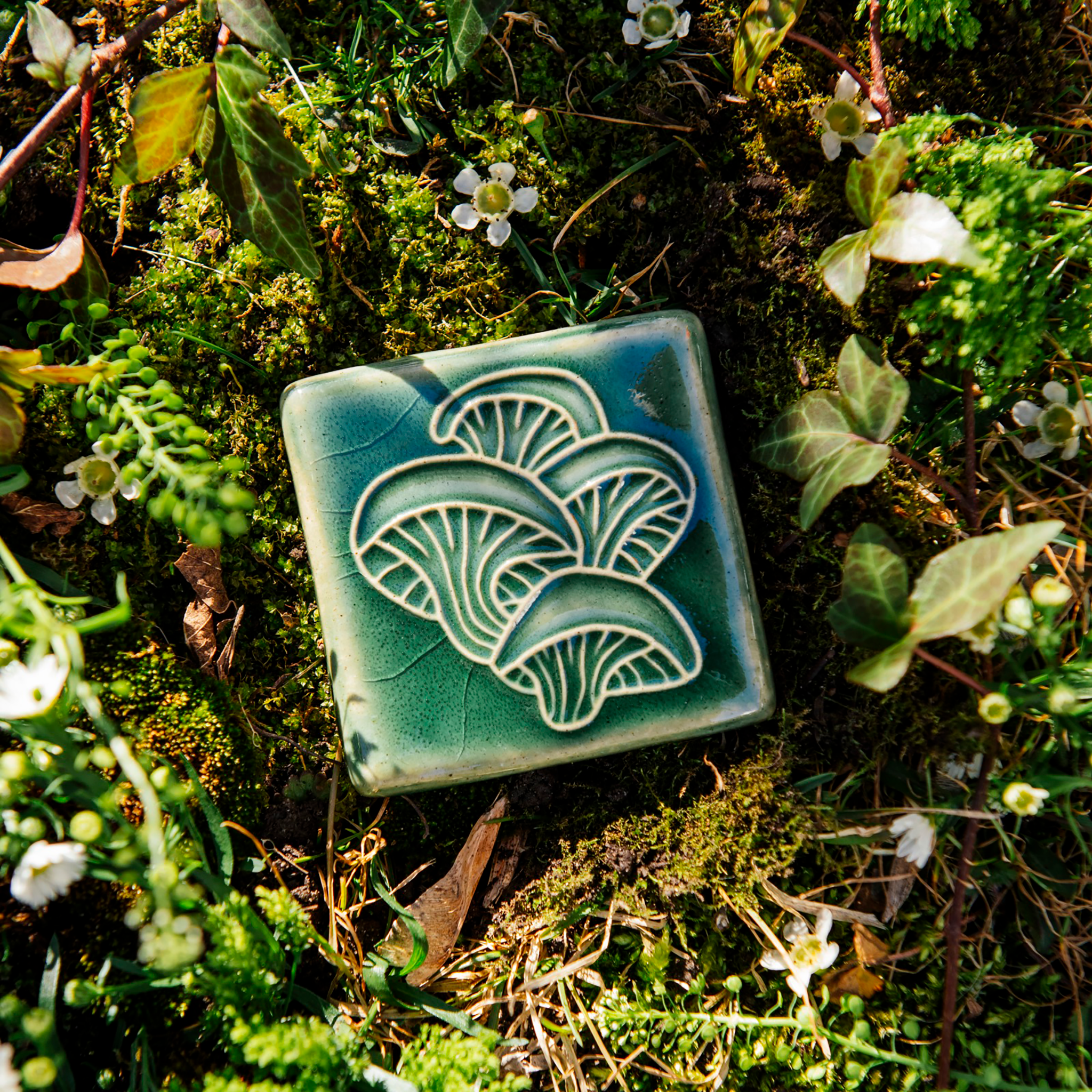 The Oyster Mushroom tile features a clump of four oyster mushrooms stacked on top of each other. Each mushroom has a smooth cap and gills that run the length of its stem.