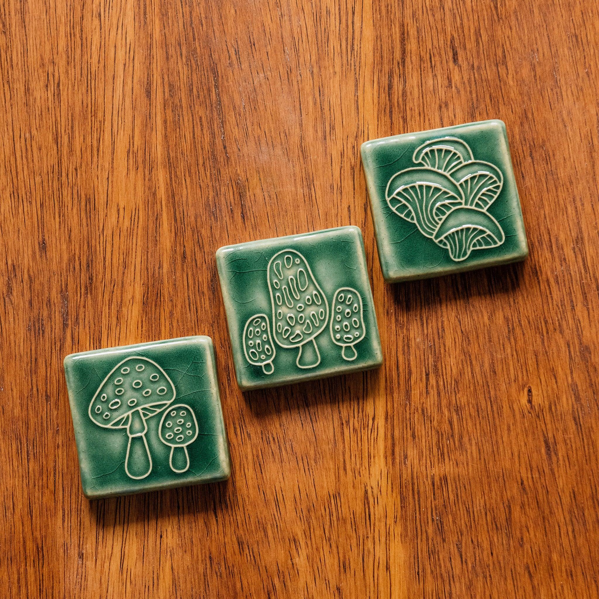 The Oyster Mushroom tile sits with the other tiles in this mushroom series, the Morel Tile and the Amanita Tile. 