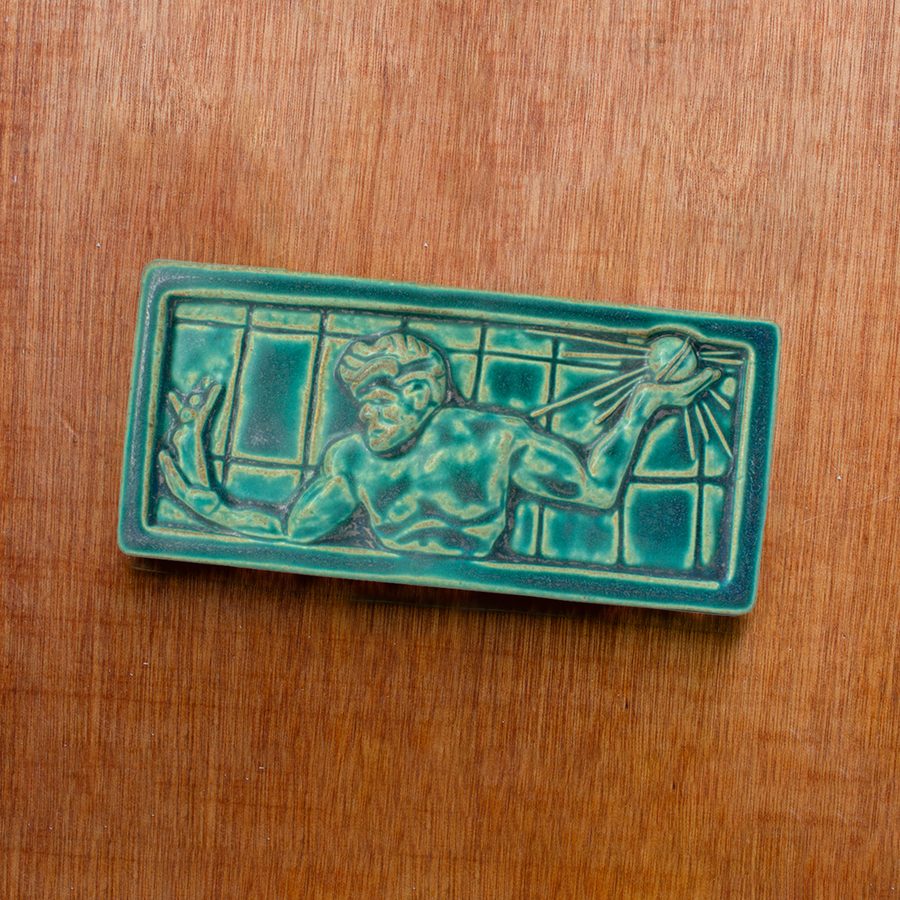 This tile features the matte turquoise Pewabic Blue glaze.