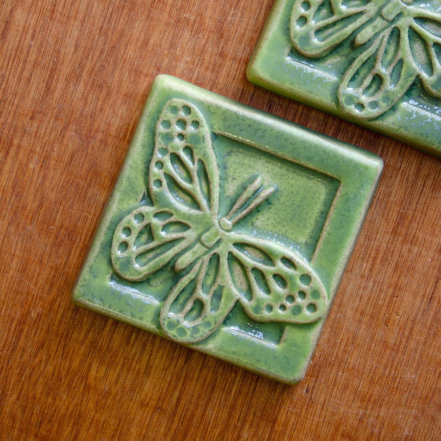 This Butterfly Tile features the matte bright light green Lime glaze.
