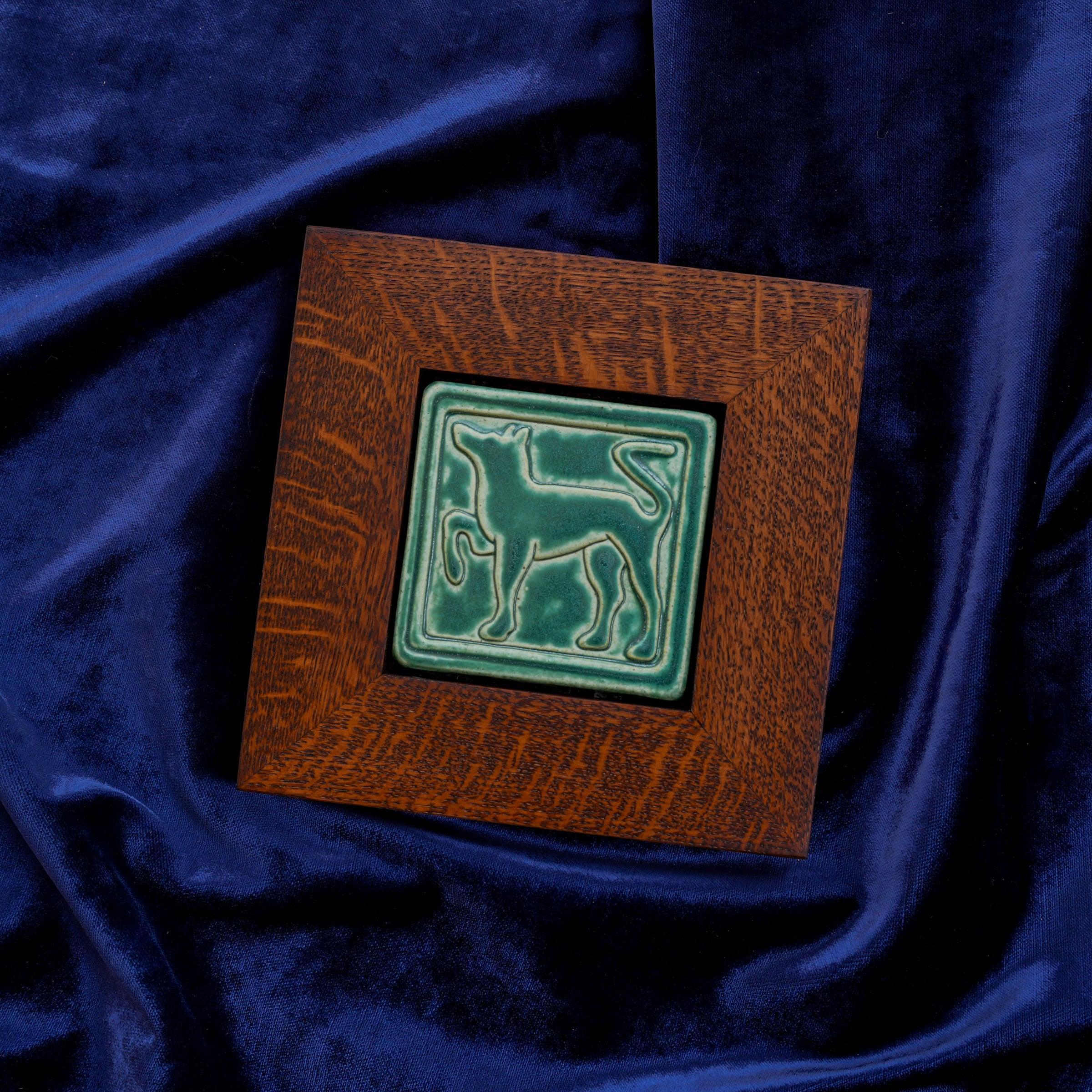 Framed Aztec Dog Tile | Pewabic Green