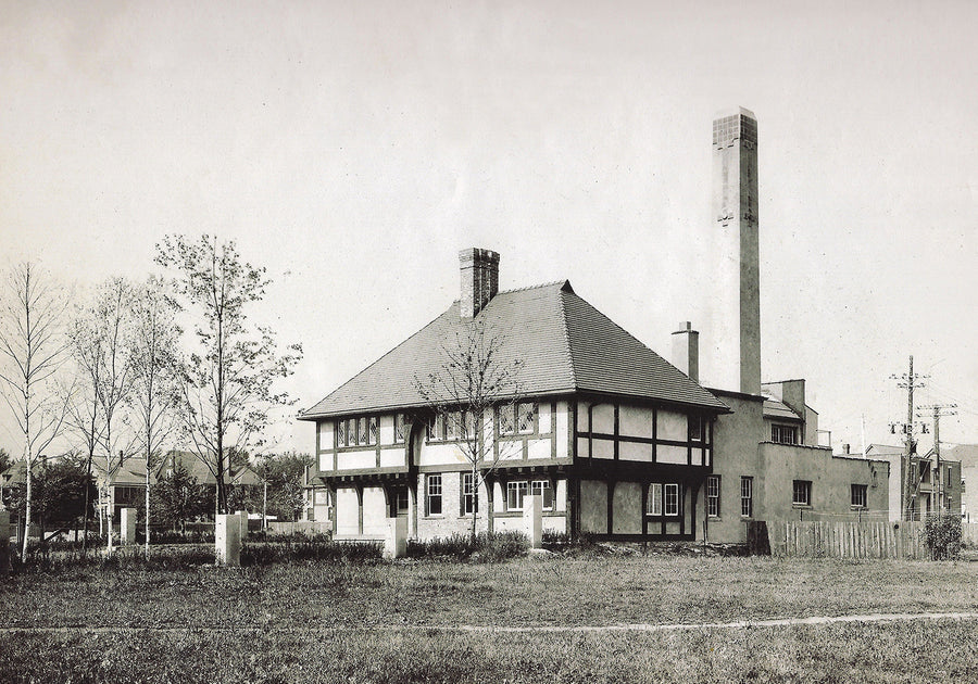 A historic black and white image of the Pewabic pottery building.