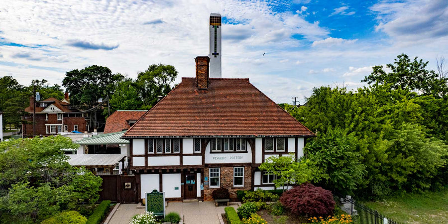 An aerial view of the pottery building in the summer.