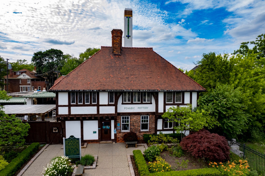 An aerial shot of the historic Pewabic building during the summer.