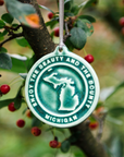This Michigan Ornament features the matte blueish-green Pewabic Green glaze.