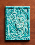 This Nativity Tile features the matte turquoise Pewabic Blue glaze.