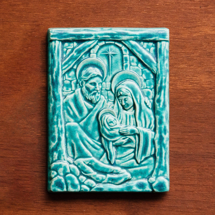 This Nativity Tile features the matte turquoise Pewabic Blue glaze.