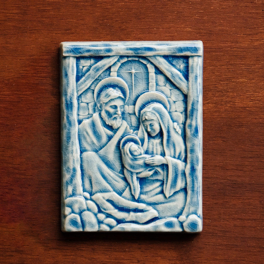 This Nativity Tile features the glossy steel blue Celestite Glaze.