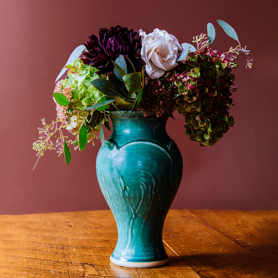 This Classic Vase features the matte turquoise Pewabic Blue glaze.