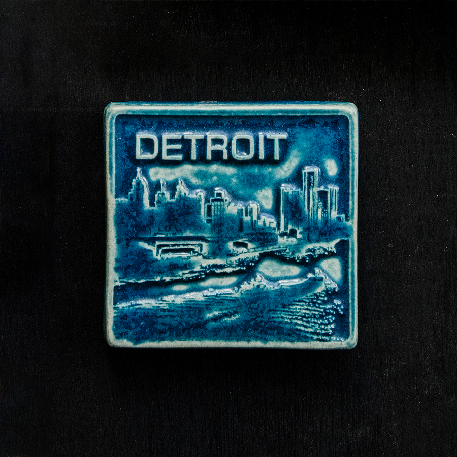 This Detroit Skyline Tile features the matte french blue Peacock glaze.