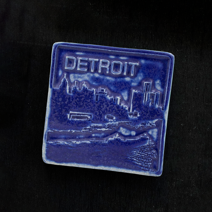 This Detroit Skyline Tile features the matte dark blue Cobalt glaze.