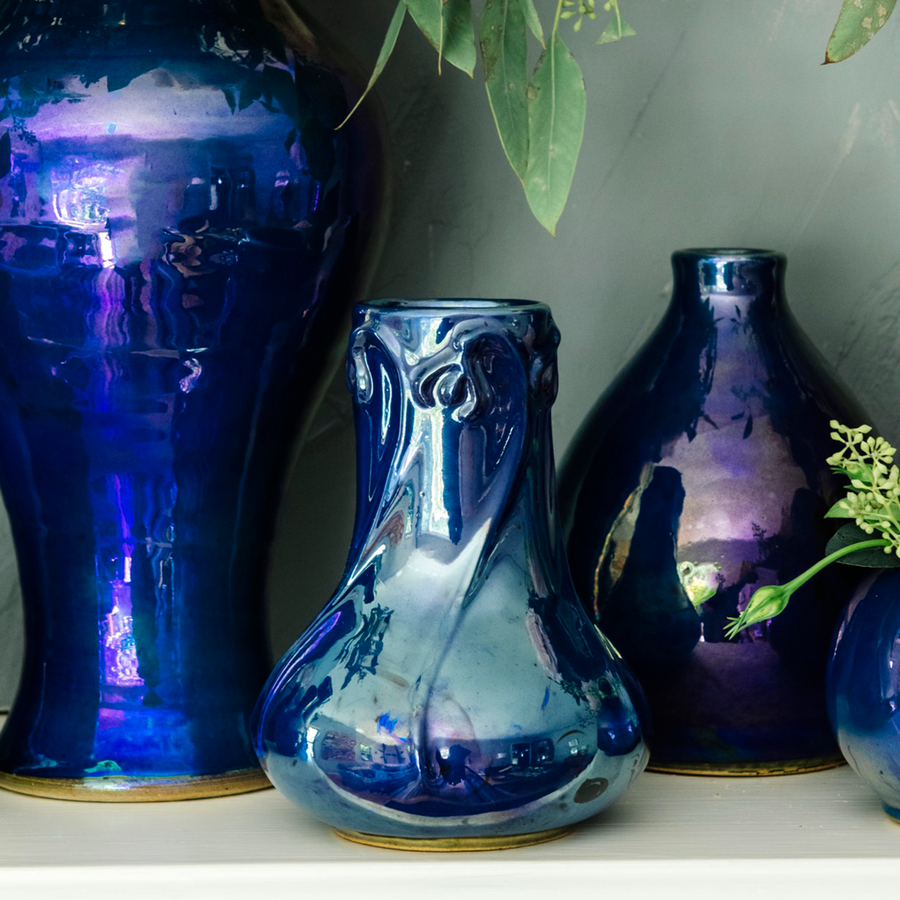 Azurite Iridescent pieces often have flashes that range from silver to purple and green that accentuate this bold blue glaze.