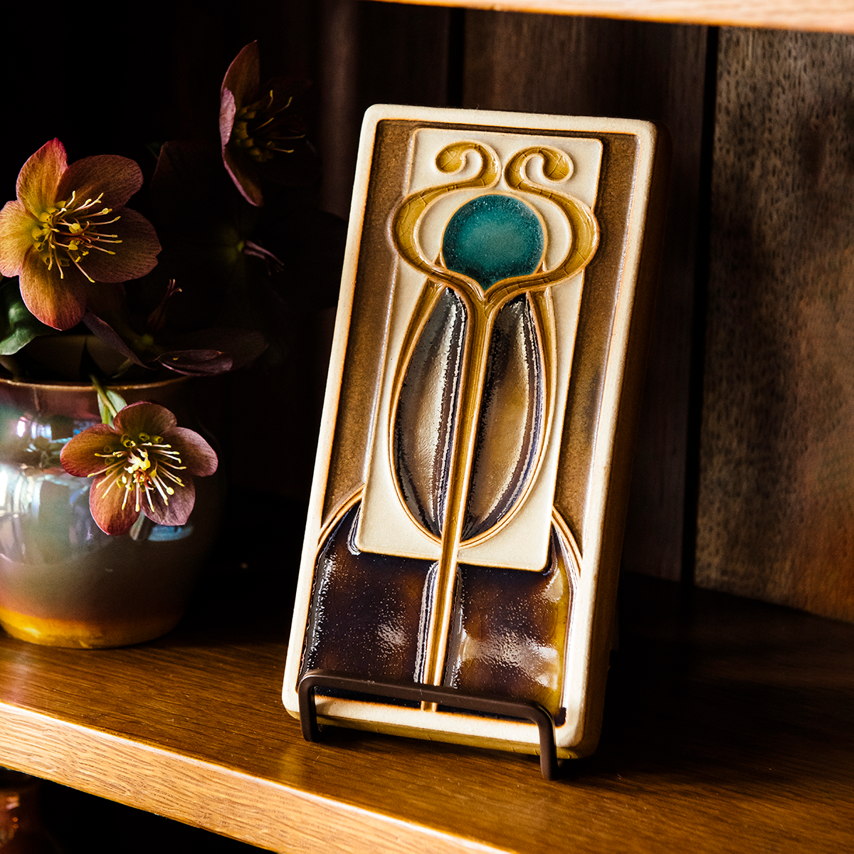 A Hand-Painted Stickley Tile in our glossy, multi-colored "Chestnut" palette. 