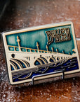 3" matte silver tile stand holding our hand-painted Belle Isle Bridge Tile.