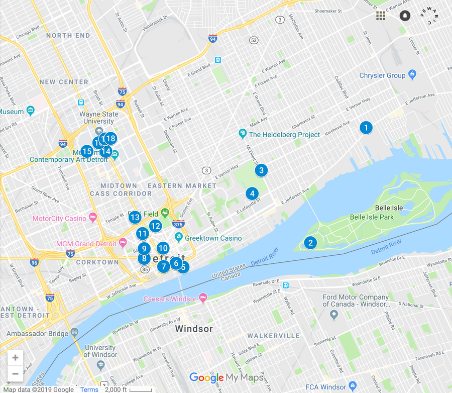 A map of Detroit has small circles drawn across the city delineating where Pewabic tile installations are located. 