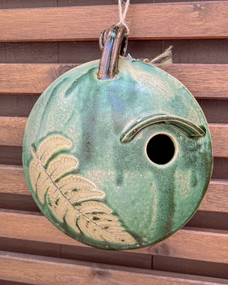 English | Fern Pod Bird House – Pewabic Pottery
