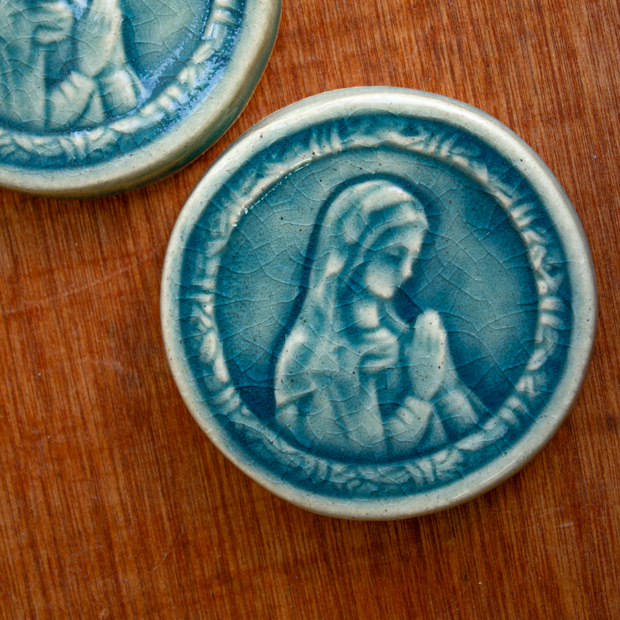 This ceramic Blessed Virgin Mary Tile is glazed in a pale blue Glacier Gloss glaze.